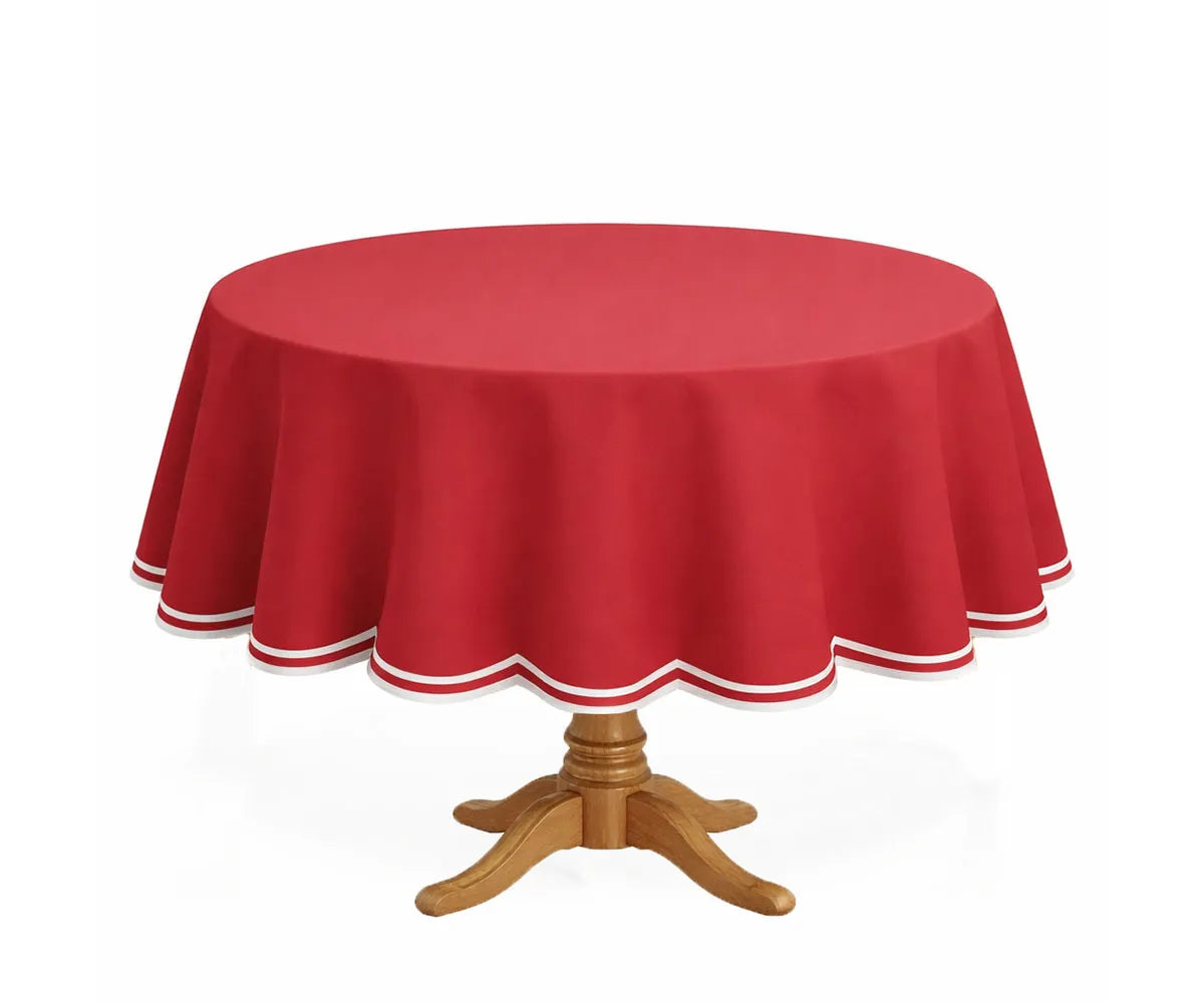 Stylish round cotton tablecloth with a classic scalloped edge, designed to add a polished touch to dining tables. Made from 100% cotton, it offers a balanced blend of durability and elegance, making it perfect for everyday meals, entertaining guests, celebrations, and formal dining setups.