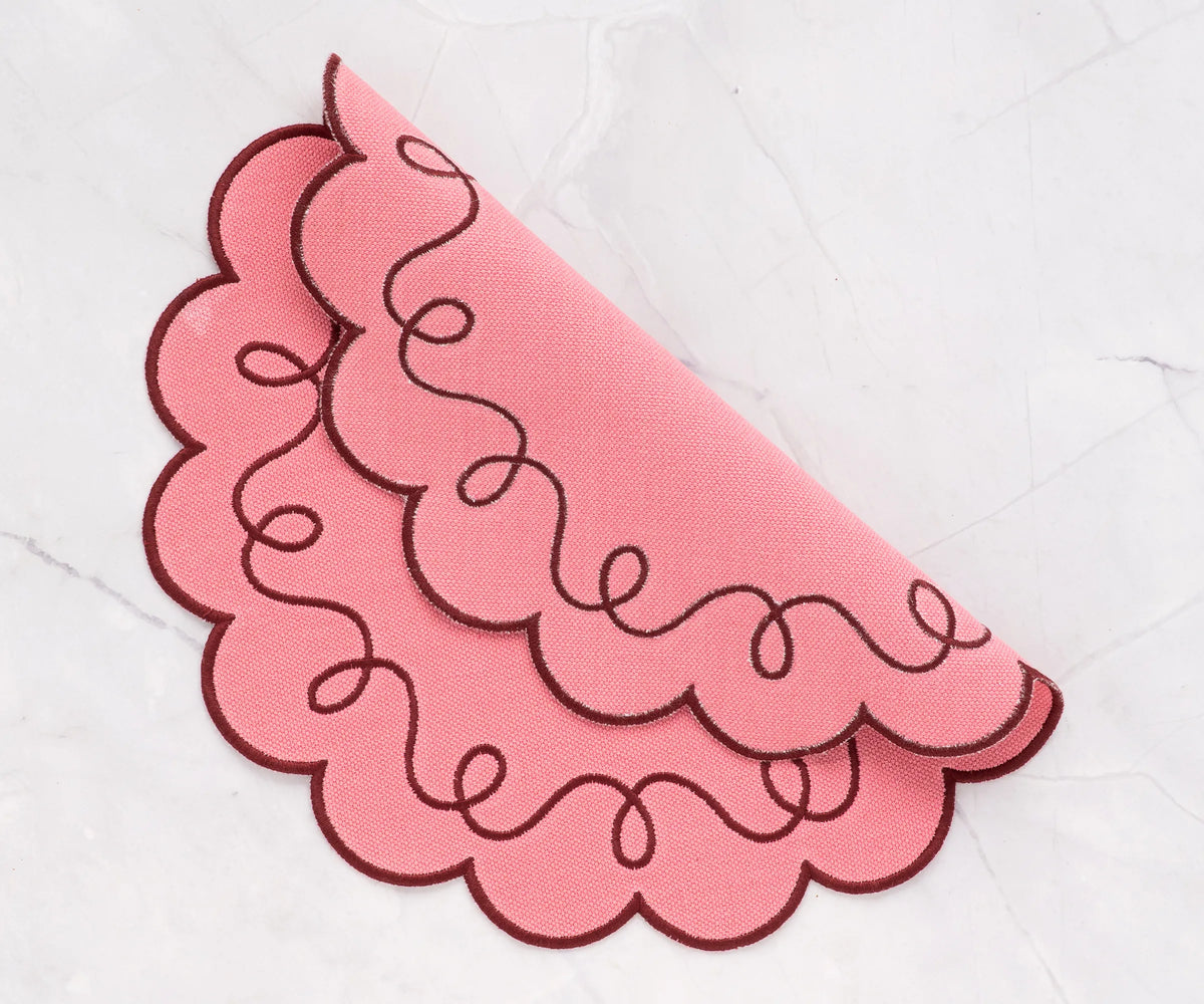 Pink scalloped edge placemat in 17-inch size, stylish and practical cotton table protector for holiday gatherings and special occasions