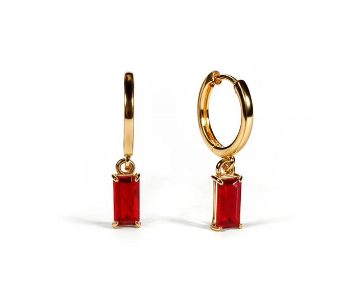Red huggie earrings for women with baguette gemstone charm, gold plated hoop earrings, lightweight everyday jewelry gift for her