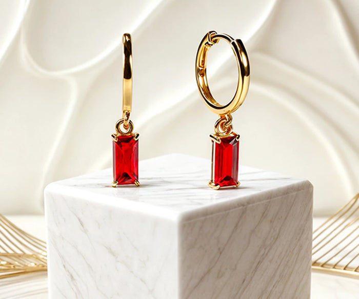 Red huggie earrings for women with baguette gemstone charm, gold plated hoop earrings, lightweight everyday jewelry gift for her