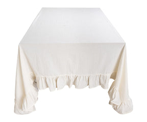 Rectangle cotton tablecloth with elegant ruffled edges in natural color