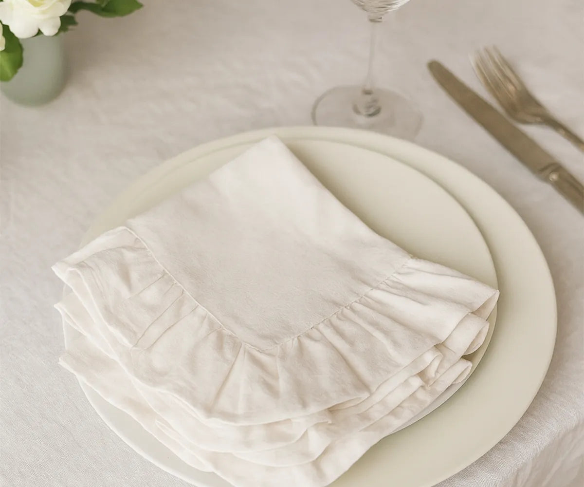Vintage-inspired ruffle cotton napkins in neutral natural color, available in sets of 4 to 24, reusable cloth napkins for weddings, special occasions, or cozy farmhouse dining.