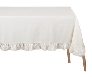 Natural cotton ruffle trim tablecloth on farmhouse dining table