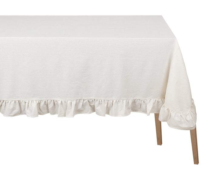 Natural cotton ruffle trim tablecloth on farmhouse dining table