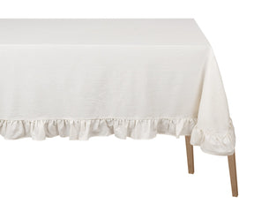 Natural cotton ruffle trim tablecloth on farmhouse dining table