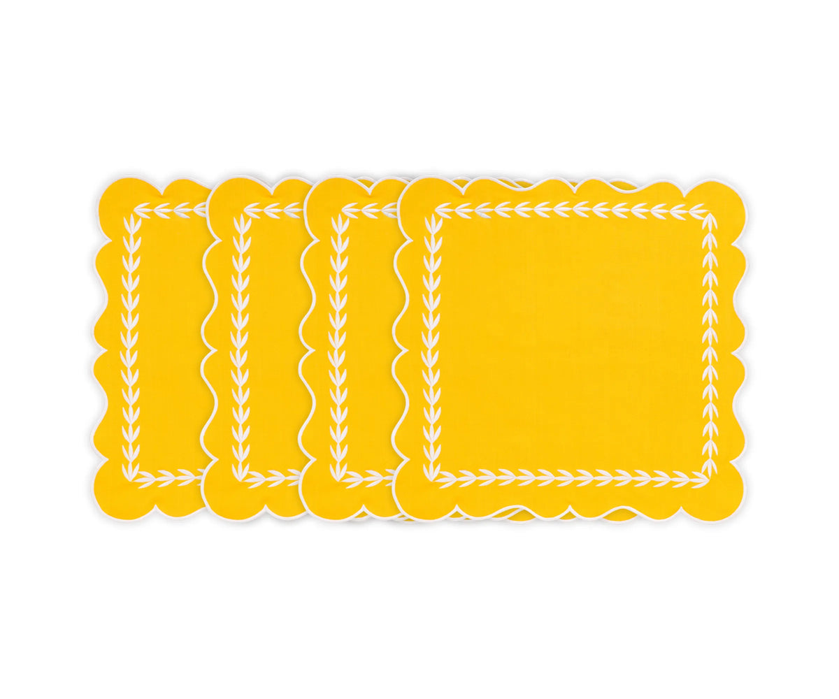 Set of 12 yellow cotton scalloped napkins, 18x18 inch cloth dinner napkins with scalloped edges, reusable and machine washable