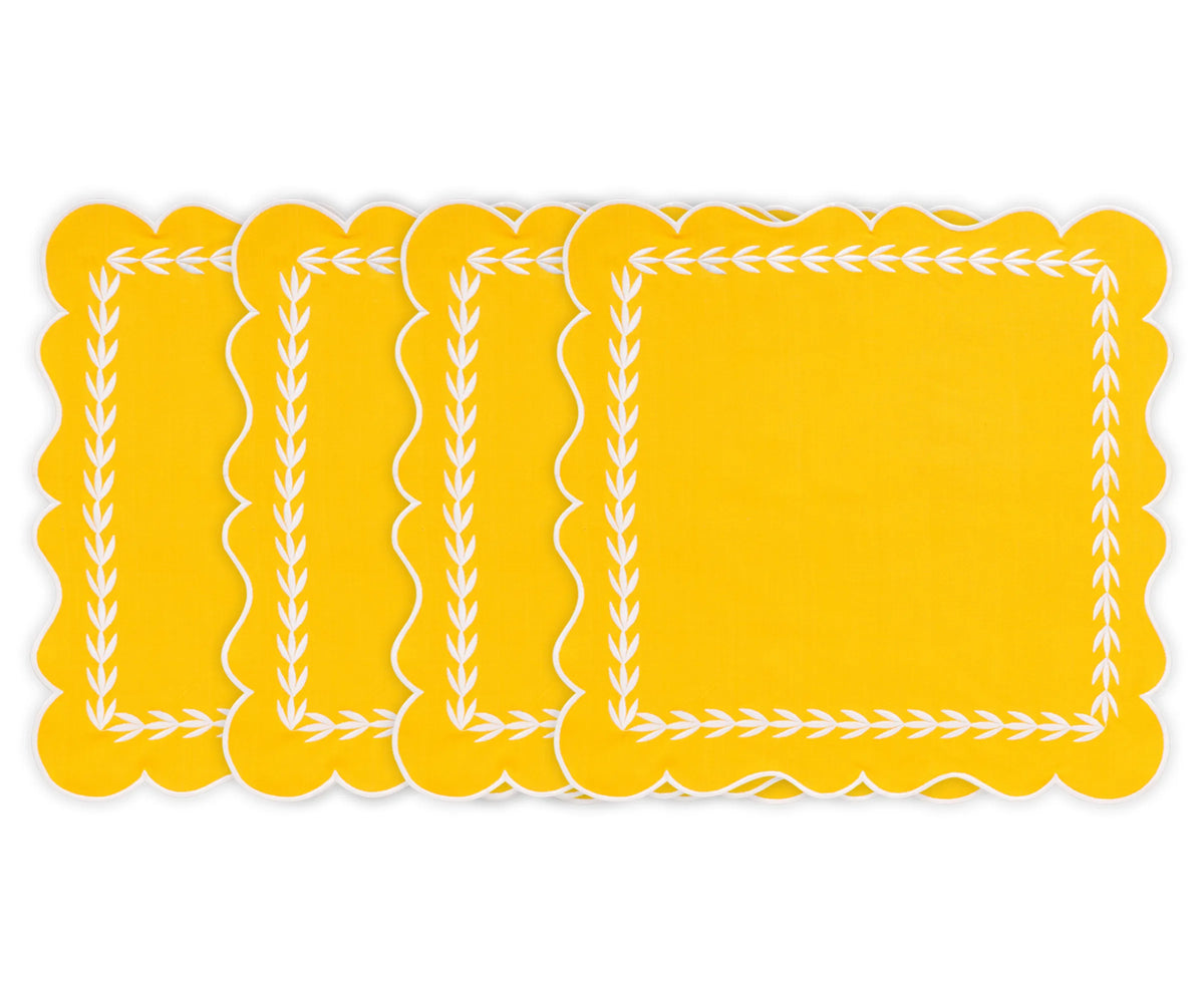 Set of 12 yellow cotton scalloped napkins, 18x18 inch cloth dinner napkins with scalloped edges, reusable and machine washable