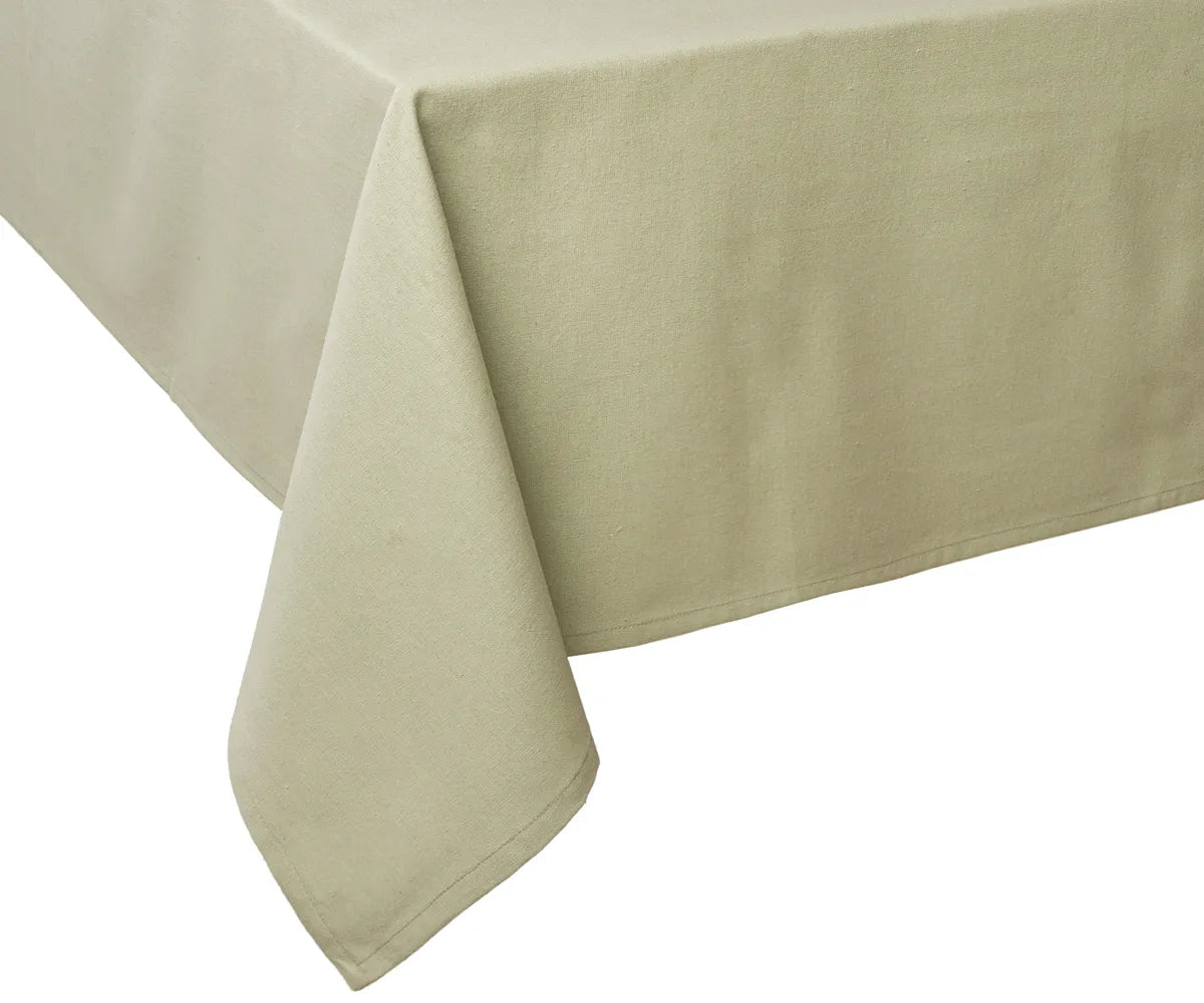 100% cotton sage green tablecloth in rectangular shape, machine washable, fade-resistant, and reusable, ideal for bulk dining setups in restaurants or homes.