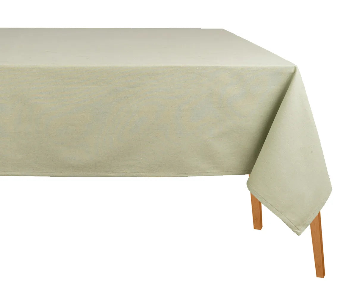Sage green rectangular cotton tablecloth on a dining table, soft and durable fabric, perfect for weddings, holidays, parties, or everyday indoor and outdoor meals.
