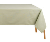 Sage green rectangular cotton tablecloth on a dining table, soft and durable fabric, perfect for weddings, holidays, parties, or everyday indoor and outdoor meals.