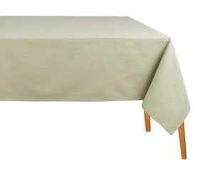 Sage green rectangular cotton tablecloth on a dining table, soft and durable fabric, perfect for weddings, holidays, parties, or everyday indoor and outdoor meals.