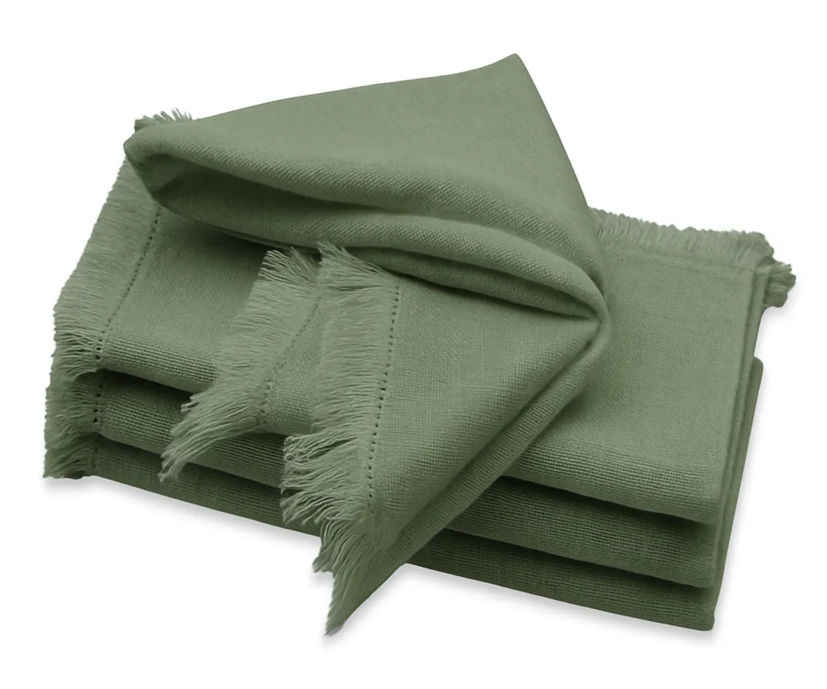 Sage green cotton fringe napkins, 18x18 inch, frayed edge, reusable cloth dinner napkins