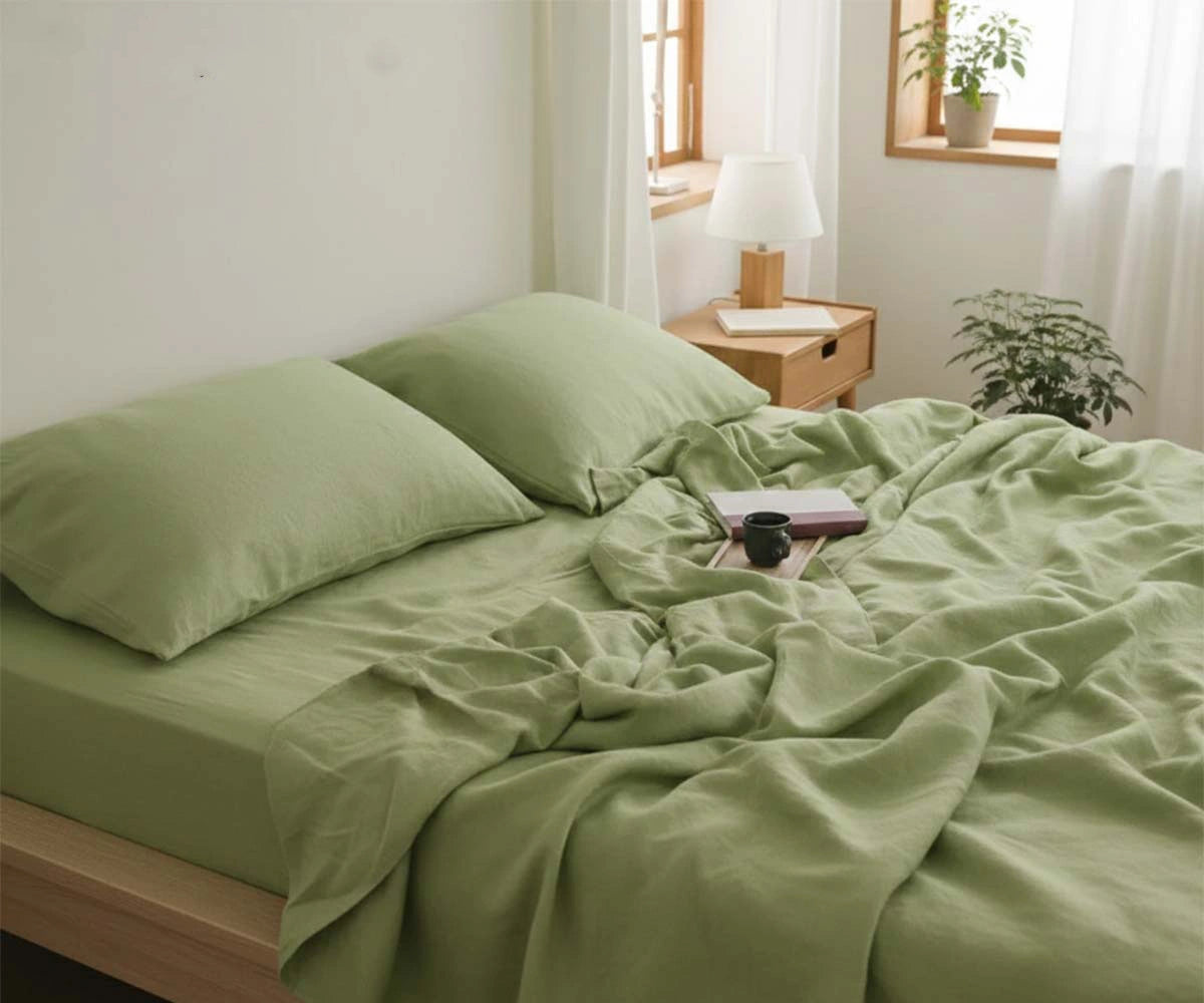 Sage green 100% linen sheet set 
luxury king and queen deep pocket European linen sheets for modern bedroom design.