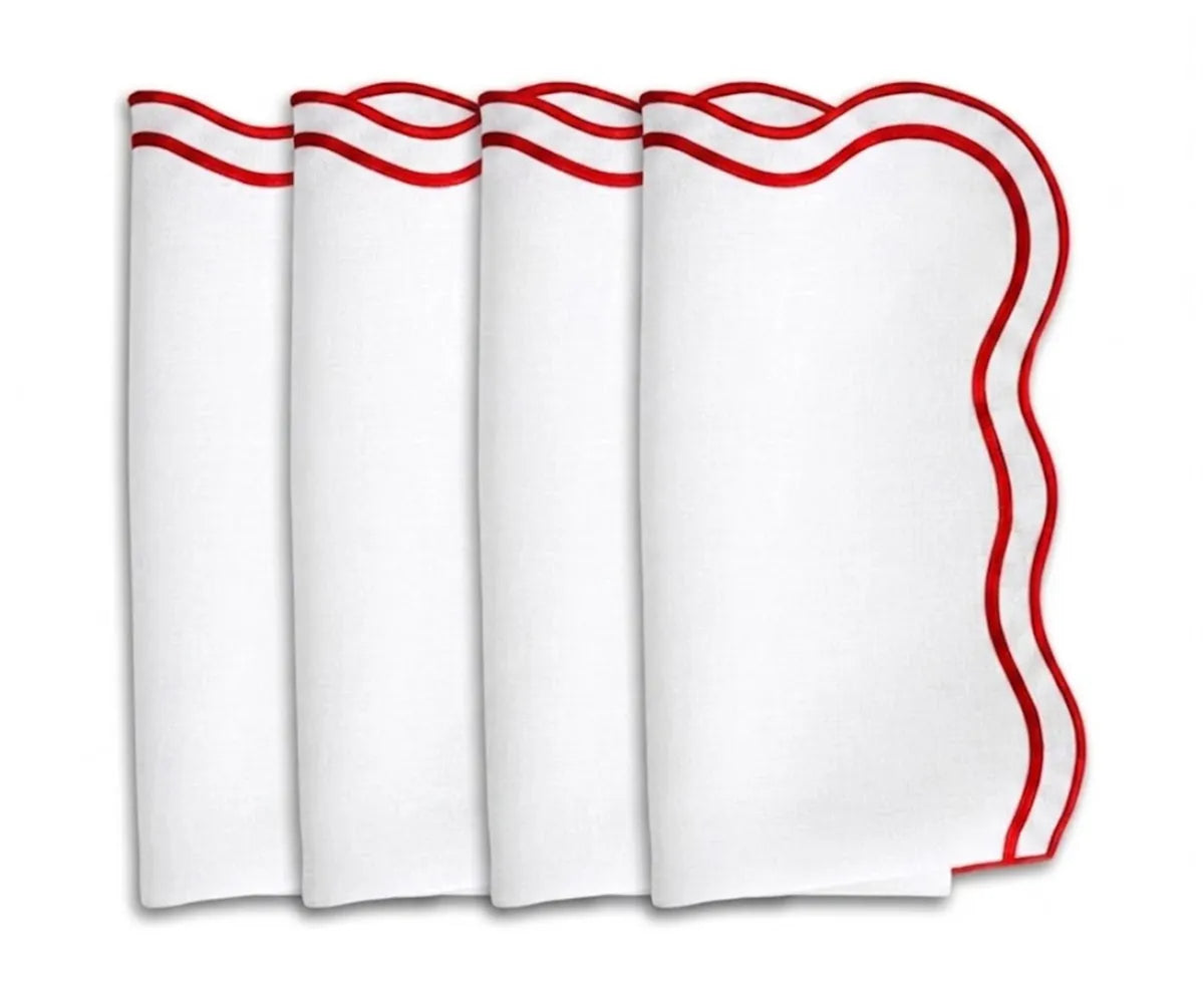 White cotton scalloped napkins with red trim, elegant reusable cloth napkins for festive dining table
