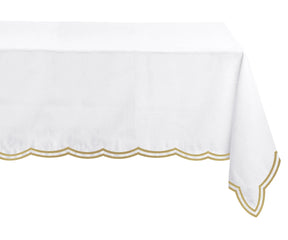Neutral beige rectangular tablecloth with tone-on-tone embroidery, ideal for a serene tablescape