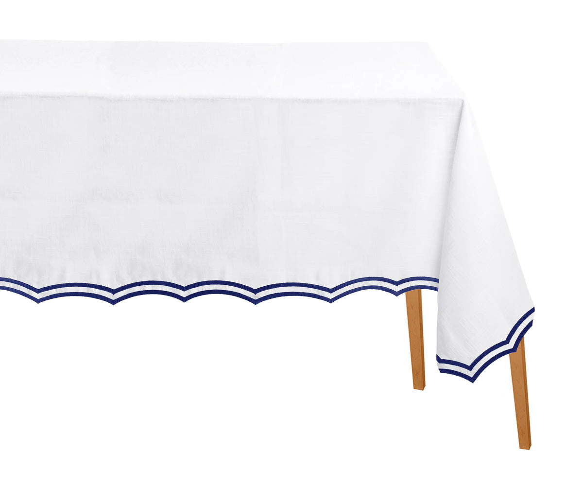 Navy embroidered rectangle cotton tablecloth with scalloped edges