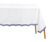 Navy embroidered rectangle cotton tablecloth with scalloped edges