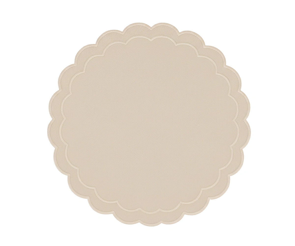 Elegant beige round scalloped placemats for dining table décor