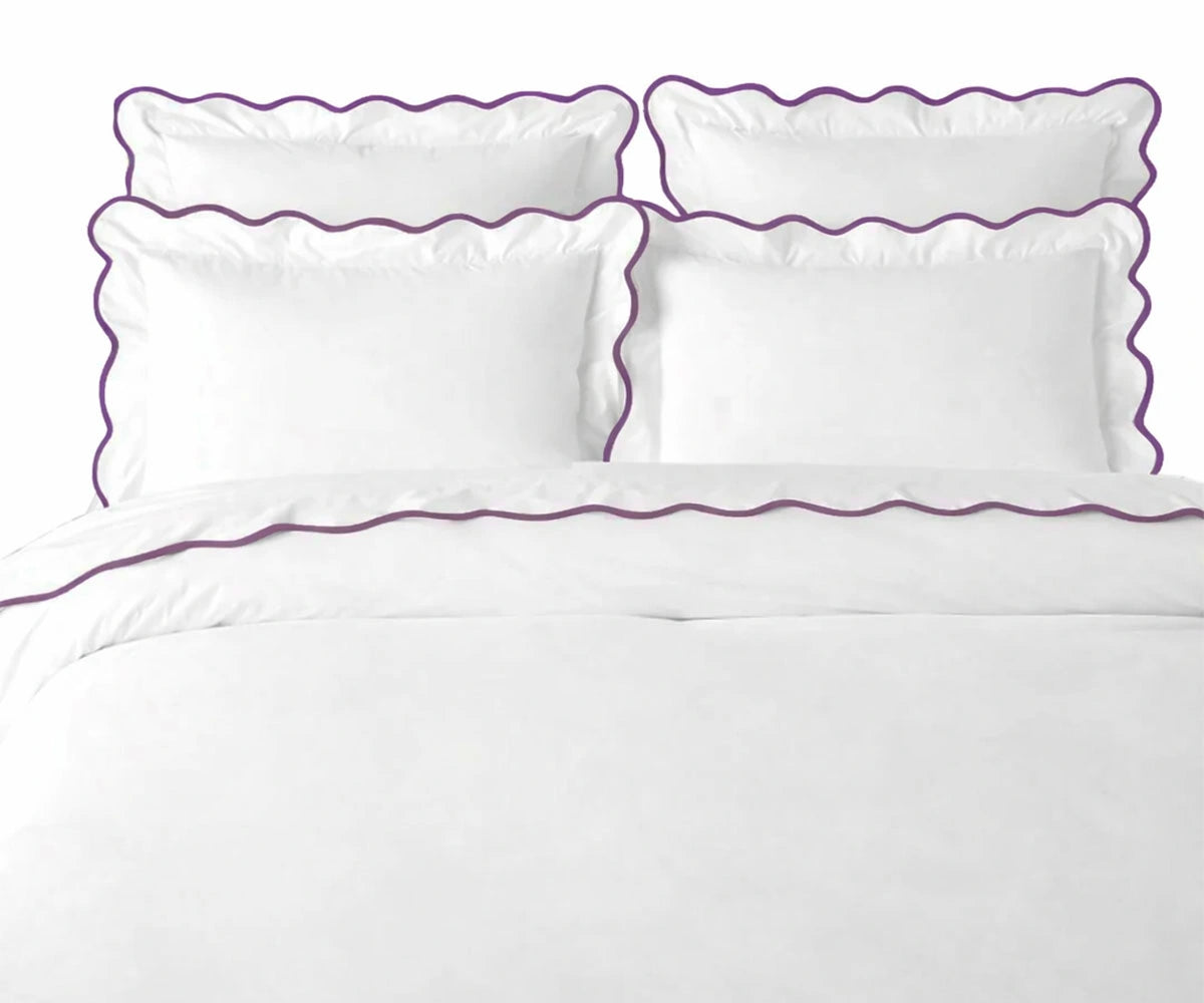 Elegant purple cotton scalloped bedding set with decorative trim