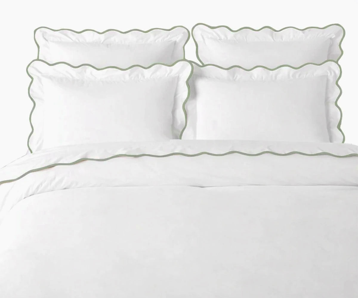 Nature-inspired sage green cotton scalloped bedding set