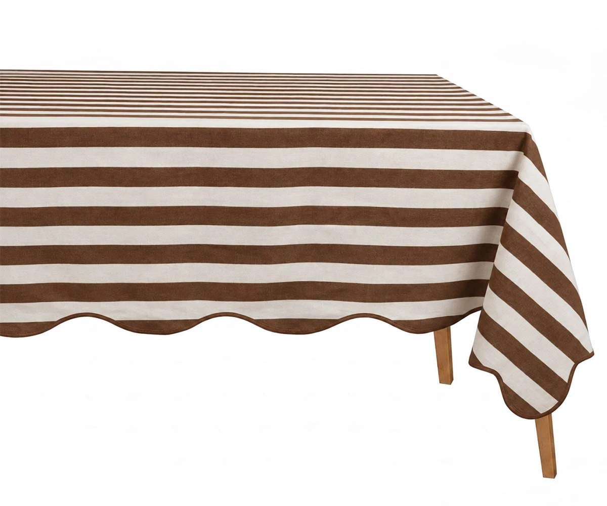 Coffee brown cotton striped tablecloth with scalloped edge 100% cotton striped tablecloth for elegant dining tables