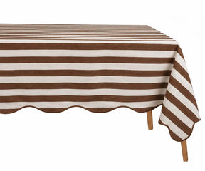Coffee brown cotton striped tablecloth with scalloped edge 100% cotton striped tablecloth for elegant dining tables