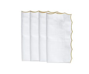Elegant embroidered cotton wedding napkins with scalloped edges, perfect for formal table décor and special events.