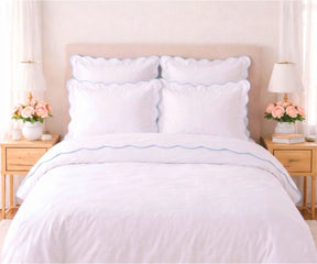 Light blue 100% cotton sheet set with scalloped trim and deep pocket fitted sheet