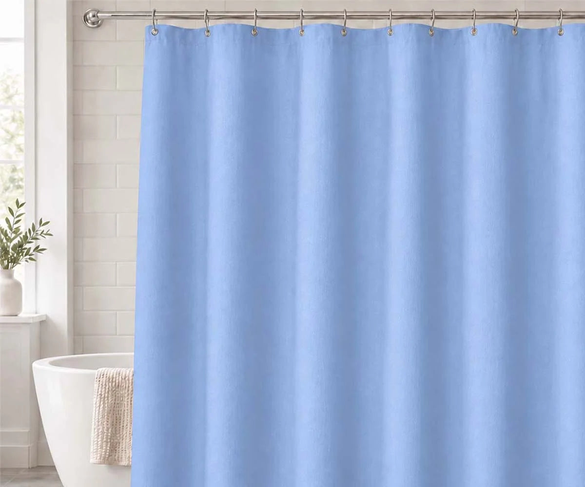 Soft light blue cotton shower curtain for a calming bathroom, perfect fabric curtain for coastal and minimalist décor