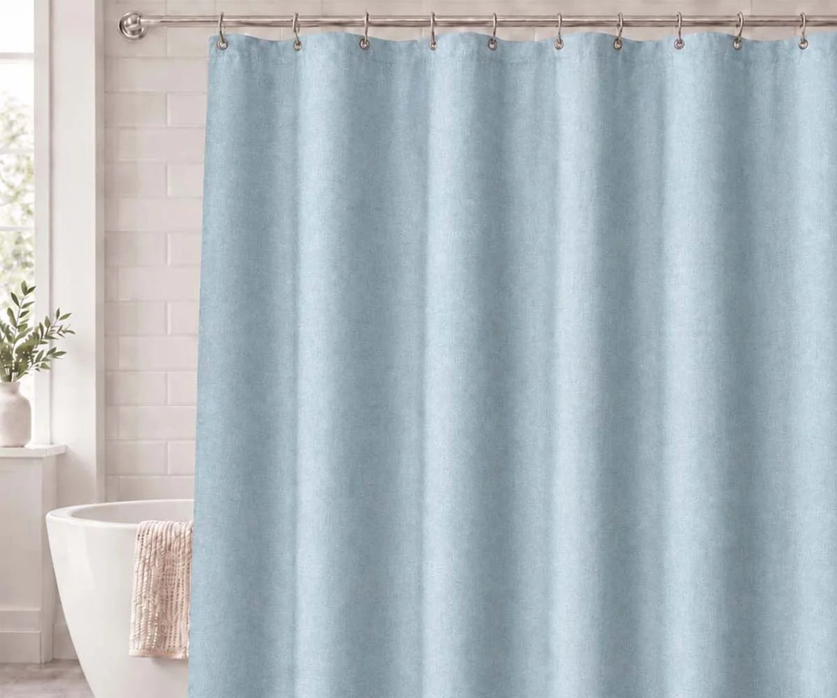 Mist blue 100% cotton shower curtain for a relaxed coastal bathroom, soft fabric curtain for shower and bathtub spaces