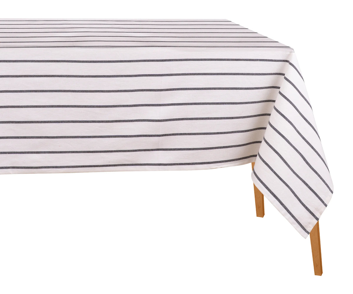 Black and white striped rectangle cotton tablecloth for dining table, modern bold stripe design, machine washable and reusable.