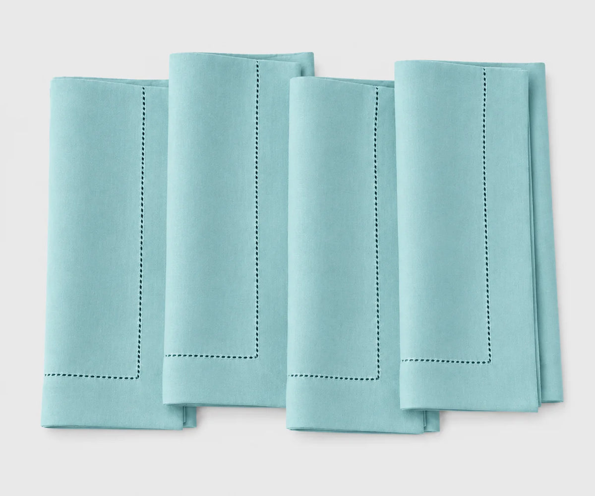 Sky blue 100% cotton hemstitch cloth napkins with elegant stitched border, reusable washable dinner napkins for weddings, restaurants, Thanksgiving, parties, and everyday dining, available in 18x18, 20x20, and 22x22 inch sizes.