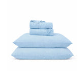 Light sky blue linen bed sheets with soft washed finish, natural linen sheet set for a relaxed bedroom look