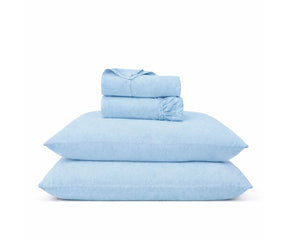 Light sky blue linen bed sheets with soft washed finish, natural linen sheet set for a relaxed bedroom look