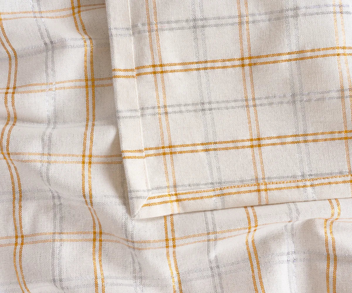 100% cotton plaid tablecloth with gray and orange accents for modern farmhouse dining