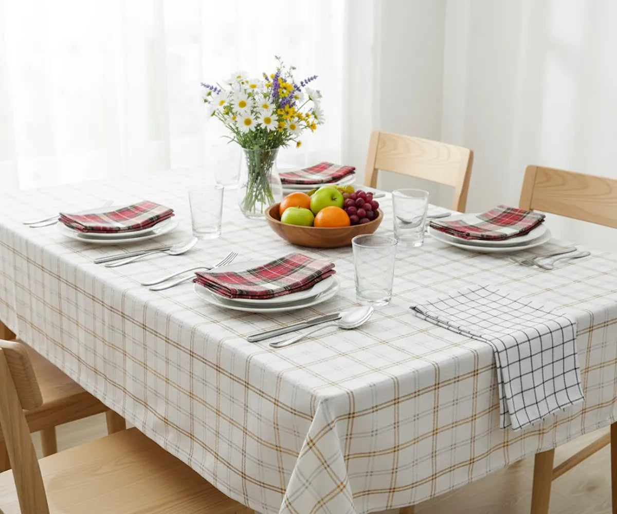 Soft and durable cotton buffalo plaid tablecloth perfect for everyday meals and holiday gatherings