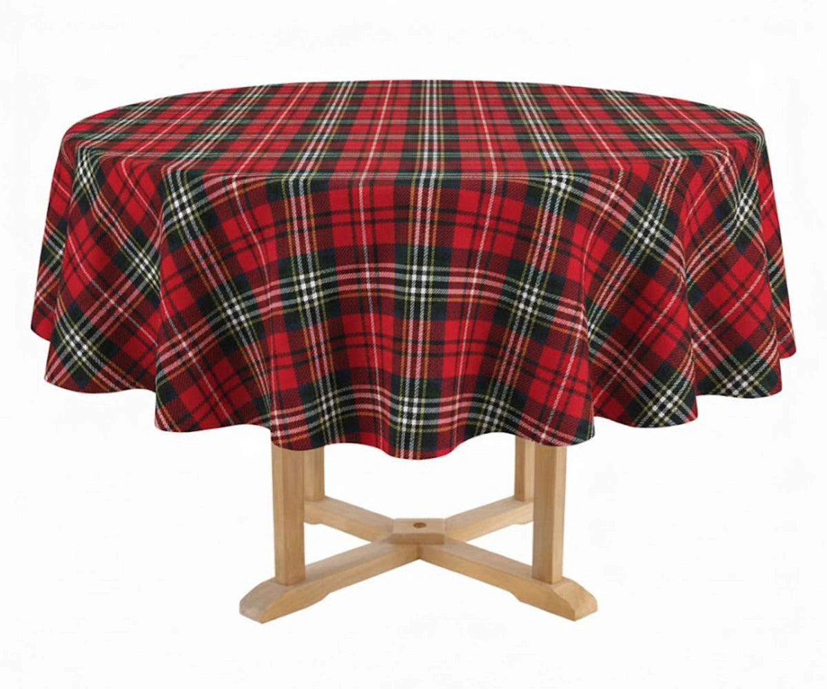 Red and green small check tartan plaid round cotton tablecloth for Christmas dining