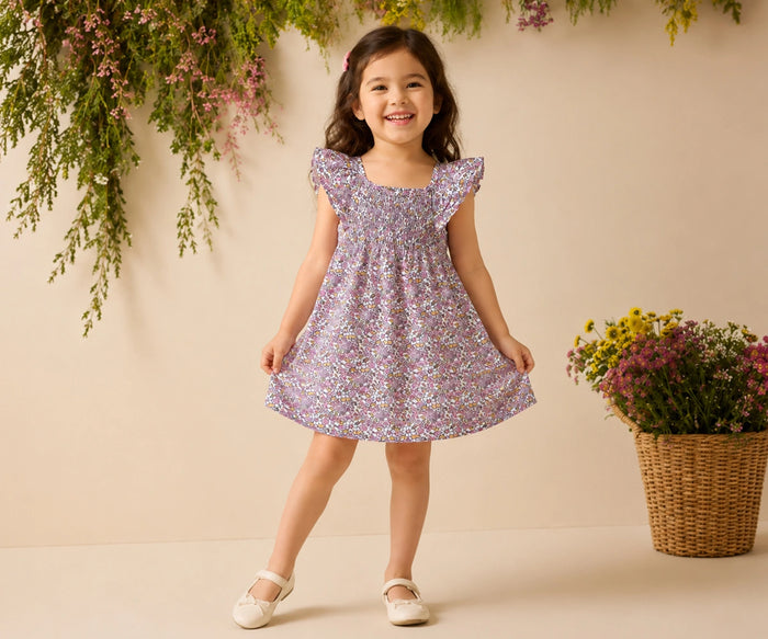 Toddler girl wearing a floral cotton dress with flutter sleeves, standing beside a basket of flowers against a beige backdrop with hanging greenery.