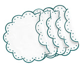 A set of four round green placemats with scalloped edges and white polka-dot detailing on a white background.