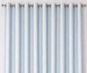 Blue and white striped window curtain panels for farmhouse living room decor
