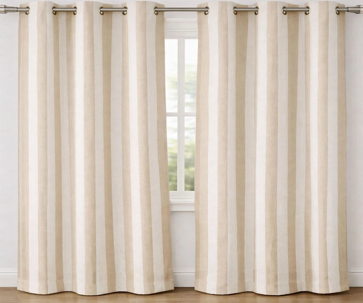 Striped curtains in soft blue and neutral tones for window decor