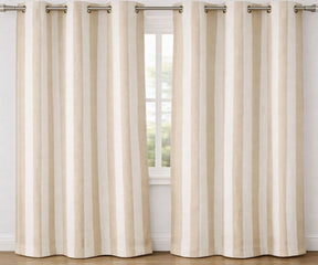 Striped curtains in soft blue and neutral tones for window decor