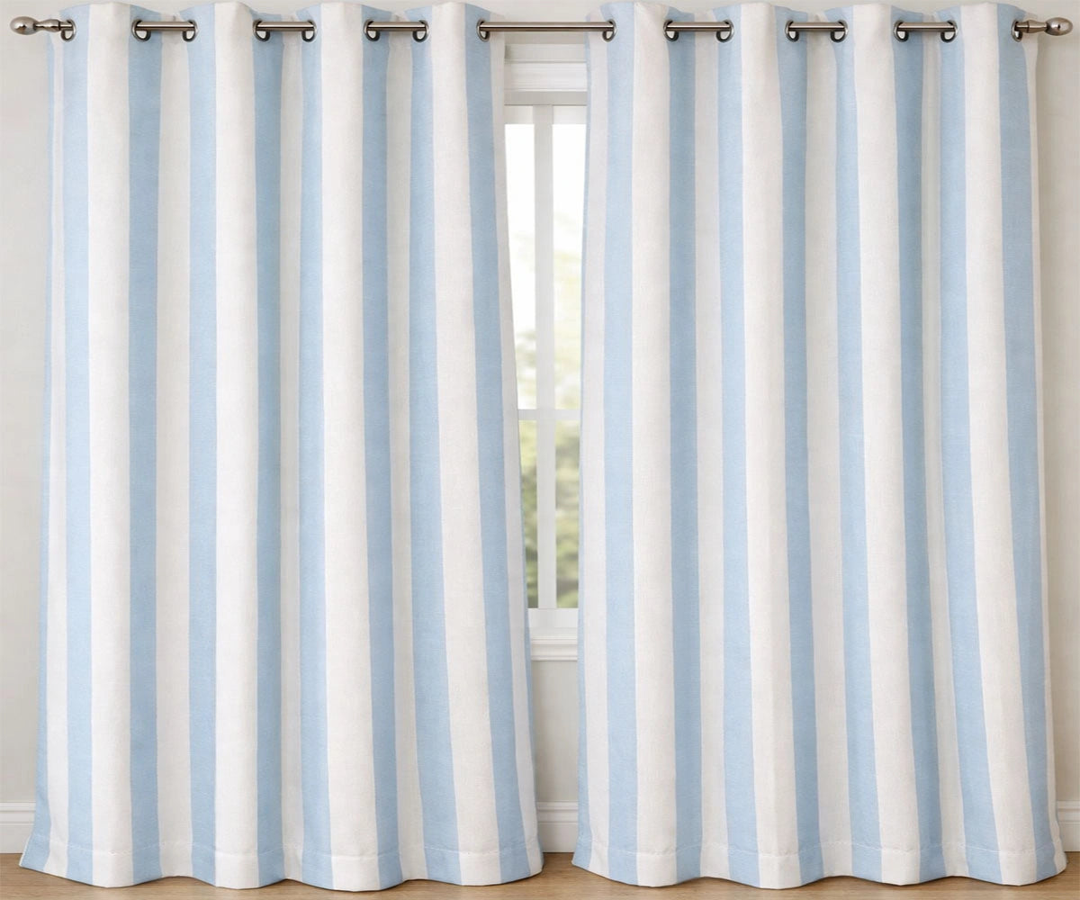 Blue and white striped curtains hanging in living room