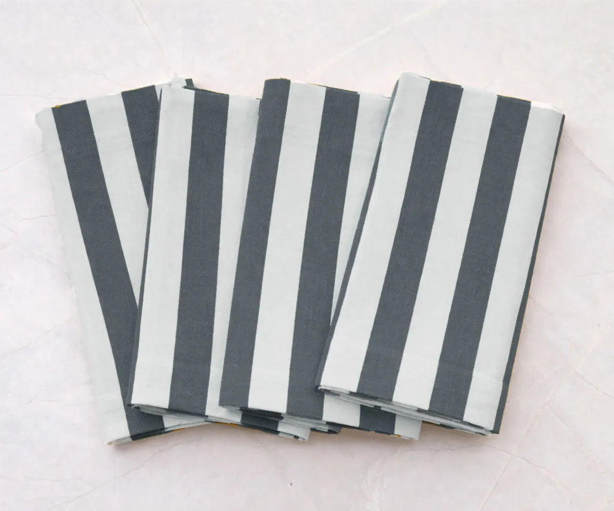 Cabana stripe cloth napkins crafted from a premium 50% cotton and 50% linen blend, offering a soft yet durable texture for everyday dining and special occasions. These reusable striped napkins add a polished farmhouse and coastal touch to wedding table decor, holiday gatherings, and modern table settings. Washable and designed for long-term use.