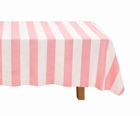 Rectangle cotton linen tablecloth with cabana stripe design, styled on a dining table for a clean coastal-inspired look