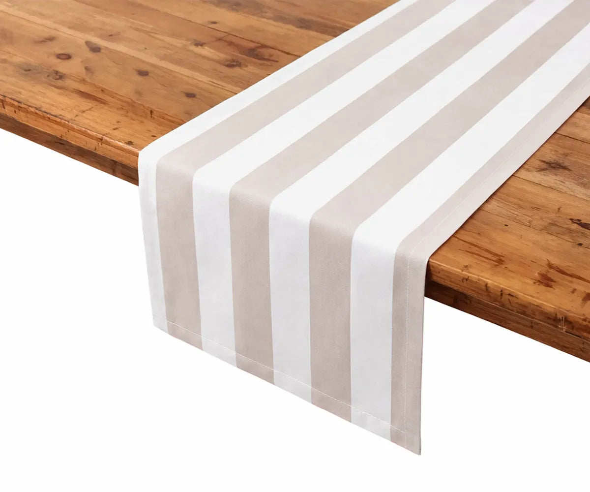 Blush and white cabana stripe table runner crafted from a premium 50% cotton and 50% linen blend, designed to elevate spring table styling and romantic wedding decor. This striped cotton linen table runner adds a soft, modern farmhouse touch to dining table decor, holiday gatherings, and everyday meals. Reusable, washable, and perfect for layered table settings.