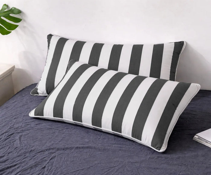 Striped pillowcase covers in a durable cotton linen blend, designed to bring timeless cabana stripe bedding into modern and farmhouse interiors. 
