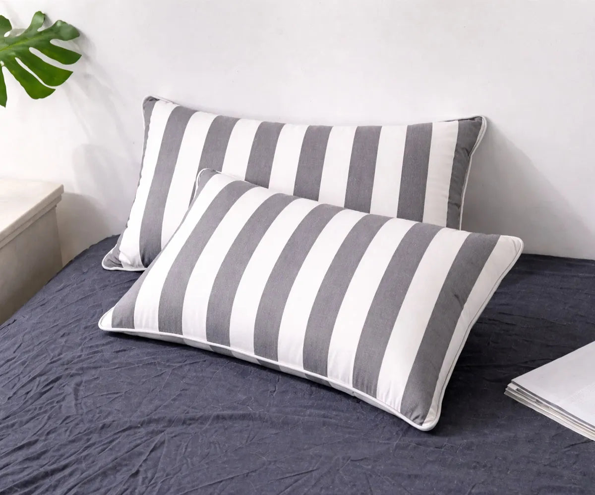 Striped cotton linen blend pillowcase styled for a clean and relaxed bedroom look
