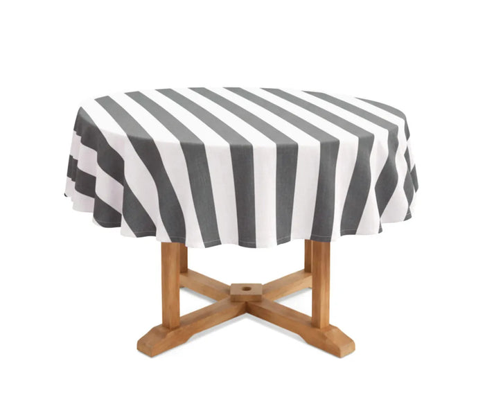 60 inch round tablecloth crafted from a premium 50% cotton and 50% linen blend, featuring a timeless cabana stripe design.