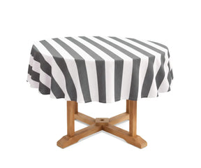60 inch round tablecloth crafted from a premium 50% cotton and 50% linen blend, featuring a timeless cabana stripe design.